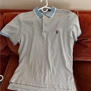 U.S. Polo Assn. Light Blue and White Striped Polo with Blue Collar